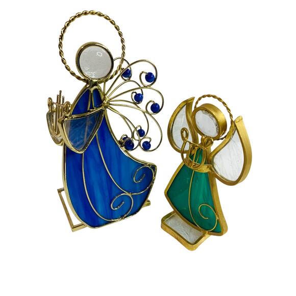 Vintage Tabletop Stained Glass Angels Goldtone Blue Green - Picture 7 of 7